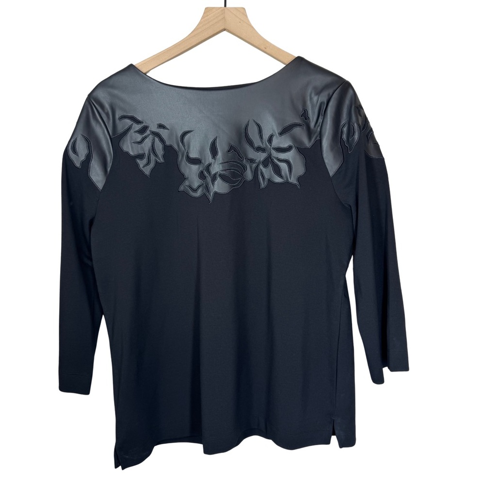 NWT Chico’s LARGE Size 2 Ponte Faux Leather Black 3/4 Sleeves Floral Appliqué